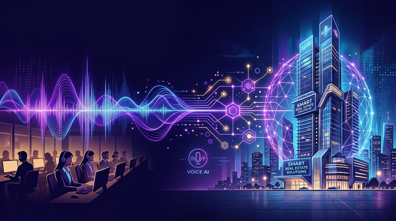 Futuristic Voice AI assistant replacing a human call center for real estate leads
