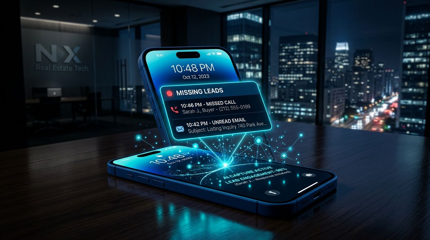 Glowing smartphone showing missed calls representing after-hours lead leakage being caught by AI