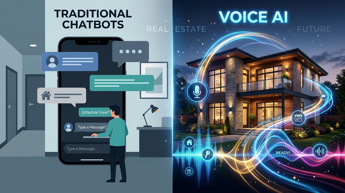 Comparing a voice waveform to a text chat bubble for real estate AI